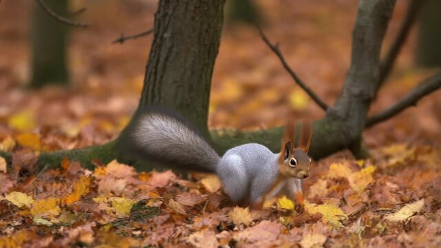 A squirrel jumping between branches in autumn leaves 