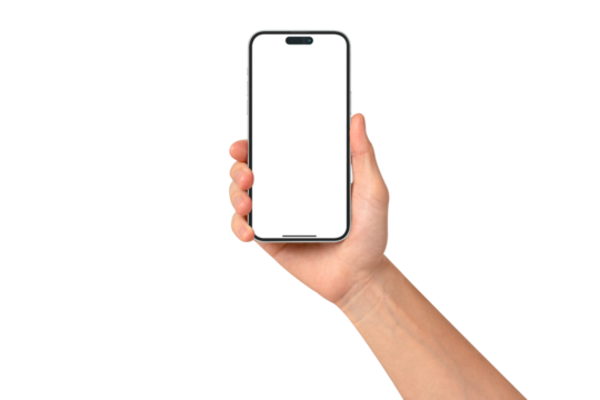 A hand showing a modern premium smartphone with a blank screen, isolated on transparent PNG.