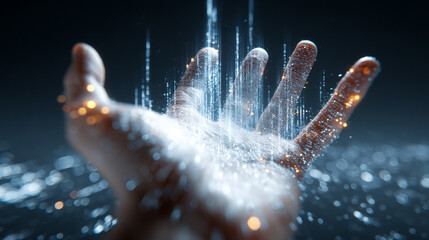 A hand reaches toward floating holographic charts, creating a hyperrealistic, futuristic scene of digital data, interaction, and immersive technology.