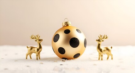 Golden Christmas Ornament with Black Polka Dots and Reindeer on Snowy Surface