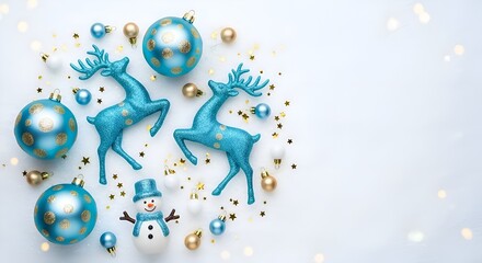 Icy Blue Christmas Ornaments with Gold Polka Dots, Reindeer, and Snowman on Frosted Snow