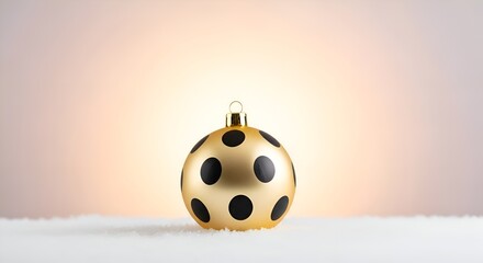 Golden Christmas Ornament with Black Polka Dots on Snowy Surface