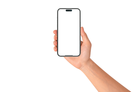 A hand showing a modern premium smartphone with a blank screen, isolated on transparent PNG. - Powered by Adobe