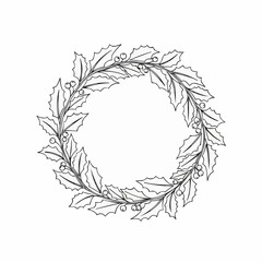 Festive holly wreath outline, perfect for elegant Christmas cards and winter holiday designs, evokes warmth and cozy seasonal cheer, originally vector graphics