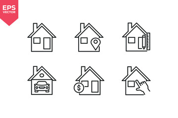 Set of line icons related to home, location, renovation, garage, property valuation, choice. Outline icons collection. Editable stroke. Vector illustration