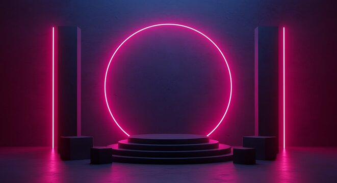 Futuristic Neon Pink Circle Podium With Dark Pillars And Cubes stage