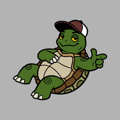 Obraz premium Cool cartoon turtle with baseball cap, gives a playful finger gun gesture, radiating chill vibes, perfect for kids' designs and fun branding concepts
