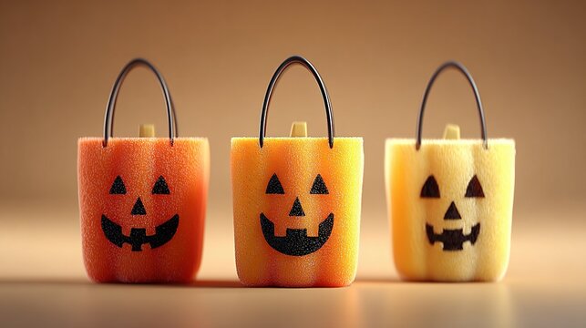 Three halloween candy buckets with jack-o'-lantern faces sit on a surface.