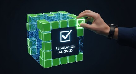 Businessman placing glowing green cube with checkmark text "regulation aligned" complex 3d grid structure, for compliance, success, data integration in modern business operations digital