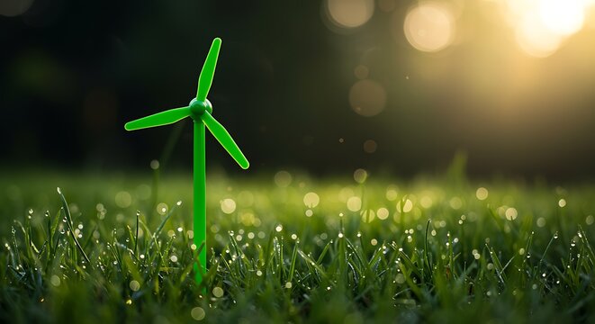 Small green wind turbine toy standing in lush green grass with morning dew and golden sunlight green energy