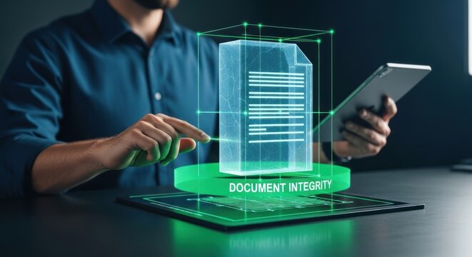 Businessman interacting with holographic document with words "document integrity," for digital security, data protection, verification, corporate compliance in futuristic office environment