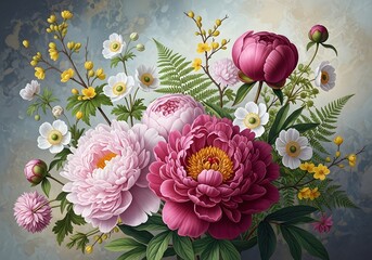 Photo of a vibrant bouquet of peonies and anemones creates a stunning floral arrangement