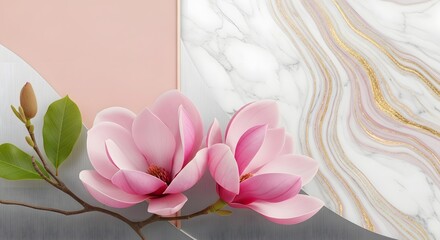Photo of two pink magnolia blossoms with green leaves on a geometric background design