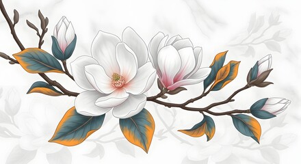 Photo of magnolia branch with white flowers and leaves isolated on white background, floral design