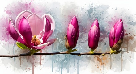 Photo of watercolor painting of a magnolia branch with a blooming flower and three closed buds