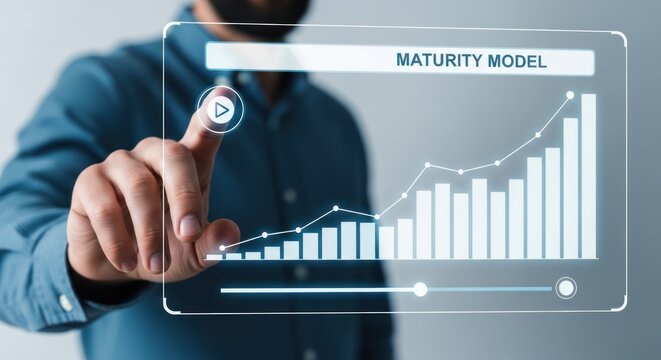 Businessman's hand touching digital screen with maturity model graph with rising bars trend line, for business growth, development, progress, strategic planning