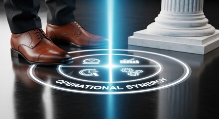 Businessman standing over glowing circle with icons for time, growth, gears, with 'operational synergy', for collaboration, efficiency, progress, strategic planning in business