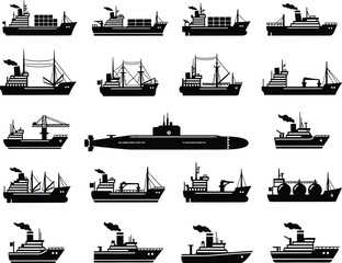 Obraz premium Collection of silhouette icons representing various types of ships and vessels