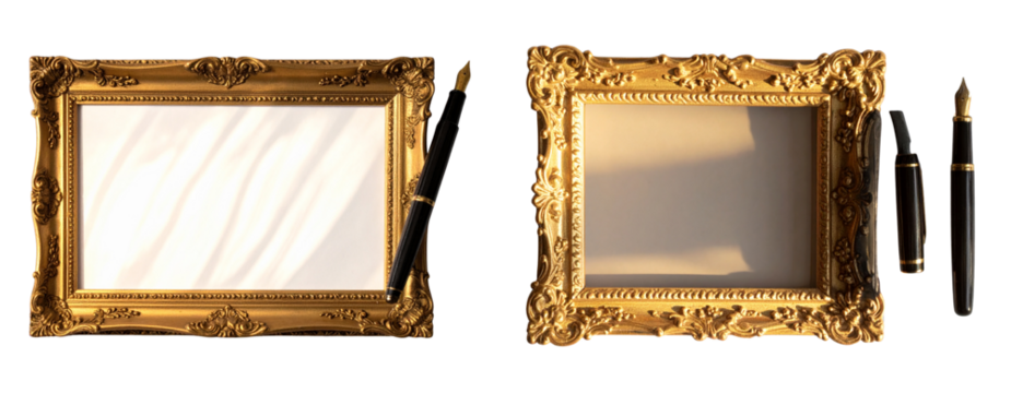 Baroque Golden Picture Frame and Vintage Fountain Pen
