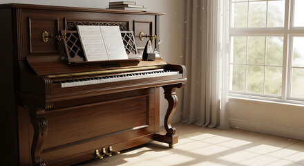 Classic wooden upright piano with sheet music by a bright window, bathed in natural light, creating a serene and musical interior.