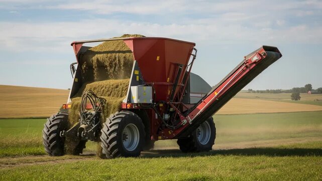 Medium shot showcasing a mobile feed mixing machine transporting and mixing cattle feed across open farmland highlighting versatility and efficient operation.