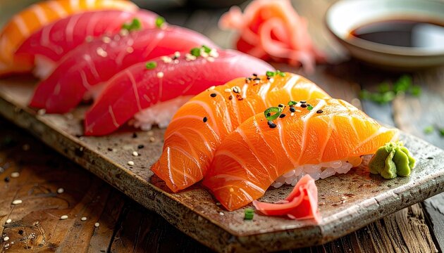 Close Up Of Fresh Salmon And Tuna Nigiri Sushi On A Rectangular Stone Plate With Pickled Ginger And Soy Sauce In The Background