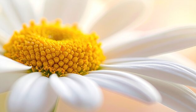 Close up macro shot of a white daisy flower with a bright yellow center and delicate white petals soft focus background with warm golden light