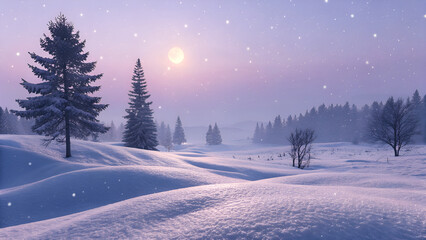 A snowy winter forest landscape with frosty trees under a cold sky