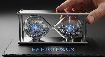 Hourglass with granular material metallic spheres flowing, for efficiency, time management, productivity, optimized processes in modern business context