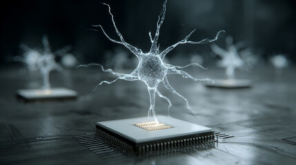 Holographic neurons float above a CPU symbolizing artificial intelligence neural networks and the fusion of human brain inspired computing with advanced digital technology