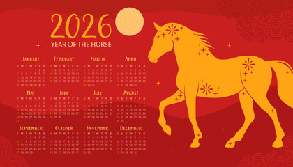 Calendar 2026. 12 months, starting from Sunday. Paper applique, ryellow horse on a red background. New Year of the Horse, Lunar New Year or Chinese New Year.