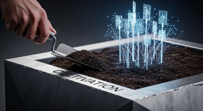 Hand using trowel to plant digital data structures in soil, for technological cultivation, innovation growth, data farming, digital development in modern business - Powered by Adobe