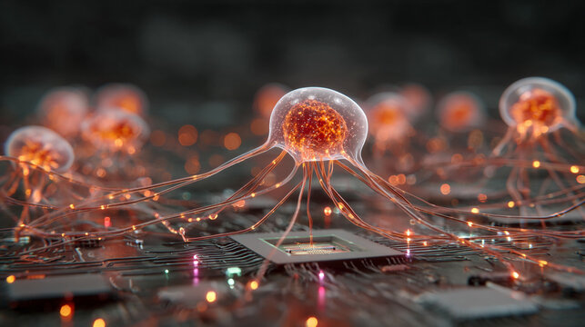 Holographic neurons float above a CPU symbolizing artificial intelligence neural networks and the fusion of human brain inspired computing with advanced digital technology