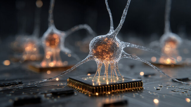 Holographic neurons float above a CPU symbolizing artificial intelligence neural networks and the fusion of human brain inspired computing with advanced digital technology