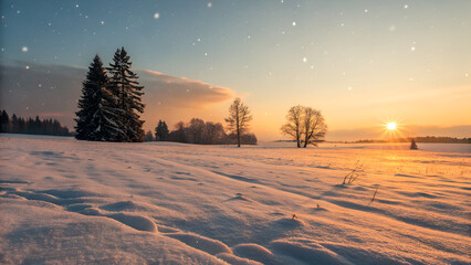 Winter sunset landscape: frozen forest trees under a cold evening sky with snow and frost