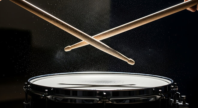 Drumsticks crossing over a snare drum with dust in motion, symbolizing rhythm and music performance.