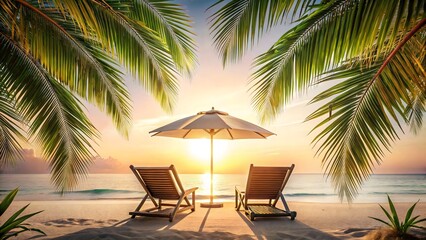 Idyllic tropical beach scene with lounge chairs and umbrella at sunset