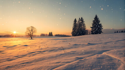 Forest landscape at sunset, sunrise, and under a blanket of winter snow with light filtering through the trees, frost, and ice creating a cold, blue sky scene