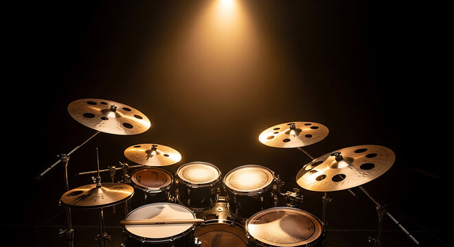 Professional drum set illuminated by a golden spotlight on a dark stage, ready for a concert performance