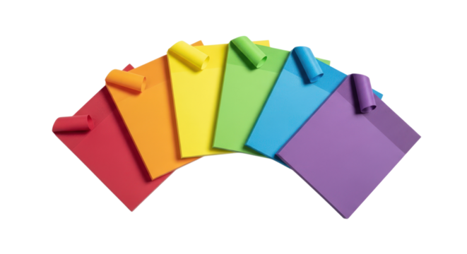 A vibrant array of rainbow colored yoga mats neatly arranged in a semi circle oisolated on a transparent background