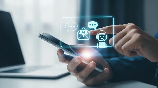Person using smartphone with ai chatbot interface overlayed on screen