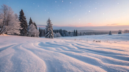 White snow-covered trees line the mountain road creating a cold winter landscape