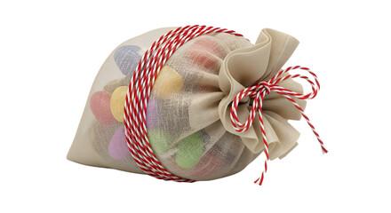Gift - Colorful Easter eggs in a natural mesh bag tied with red and white striped twine, festive spring decoration perfect for Easter celebrations