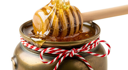 Gift - Close-up of golden honey dripping from wooden honey dipper into decorative jar with red and white ribbon, perfect for food and cooking projects