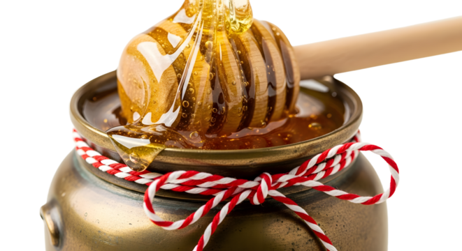 Gift - Close-up of golden honey dripping from wooden honey dipper into decorative jar with red and white ribbon, perfect for food and cooking projects