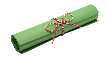 Gift - Green rolled-up paper tied with red and white string on white background, ideal for crafts and gift wrapping
