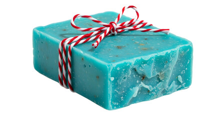 Gift - Natural handmade blue soap bar with red and white string ribbon, isolated on white background, perfect for beauty and skincare promotions
