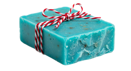 Gift - Natural handmade blue soap bar with red and white string ribbon, isolated on white background, perfect for beauty and skincare promotions