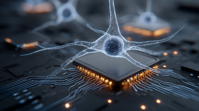 Holographic neurons float above a CPU symbolizing artificial intelligence neural networks and the fusion of human brain inspired computing with advanced digital technology