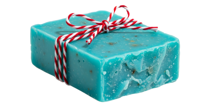 Gift - Natural handmade blue soap bar with red and white string ribbon, isolated on white background, perfect for beauty and skincare promotions